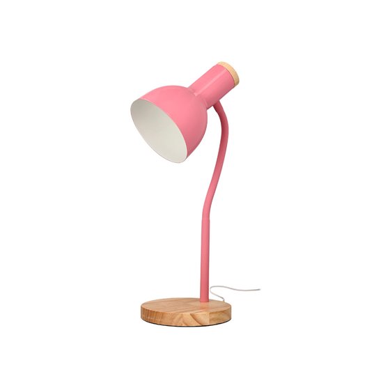 Lampara de escritorio q-connect orion metalica con detalles de madera brazo flexible color rosa