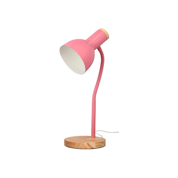 Lampara de escritorio q-connect orion metalica con detalles de madera brazo flexible color rosa