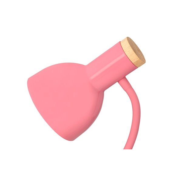 Lampara de escritorio q-connect orion metalica con detalles de madera brazo flexible color rosa