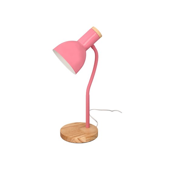 Lampara de escritorio q-connect orion metalica con detalles de madera brazo flexible color rosa