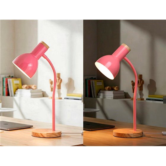 Lampara de escritorio q-connect orion metalica con detalles de madera brazo flexible color rosa