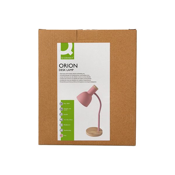 Lampara de escritorio q-connect orion metalica con detalles de madera brazo flexible color rosa