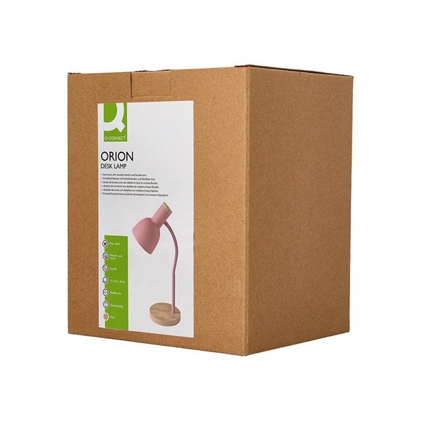 Lampara de escritorio q-connect orion metalica con detalles de madera brazo flexible color rosa