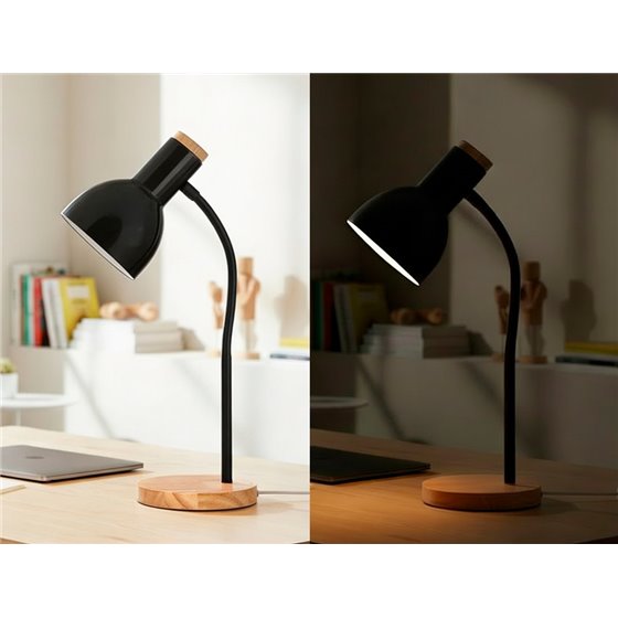 Lampara de escritorio q-connect orion metalica con detalles de madera brazo flexible color negro