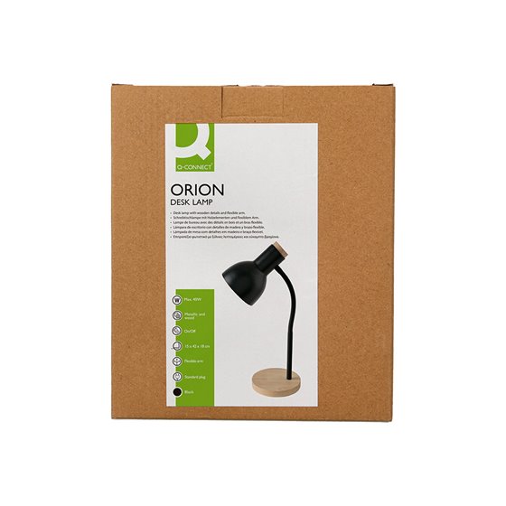Lampara de escritorio q-connect orion metalica con detalles de madera brazo flexible color negro