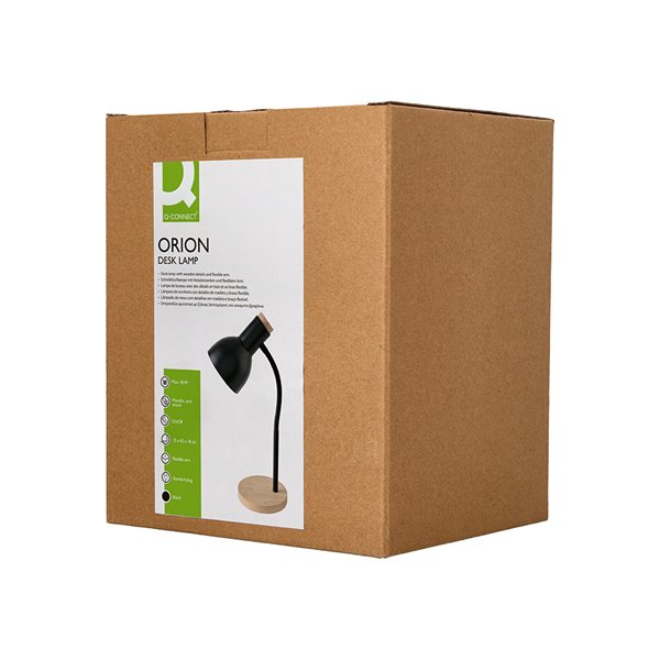 Lampara de escritorio q-connect orion metalica con detalles de madera brazo flexible color negro