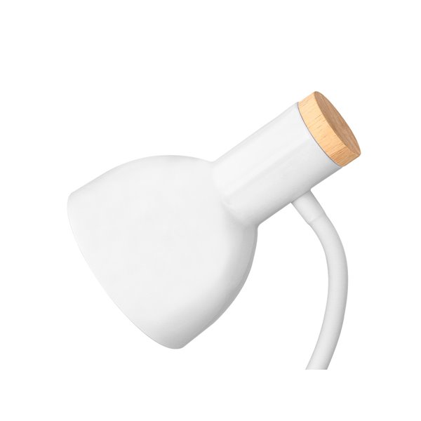 Lampara de escritorio q-connect orion metalica con detalles de madera brazo flexible color blanco