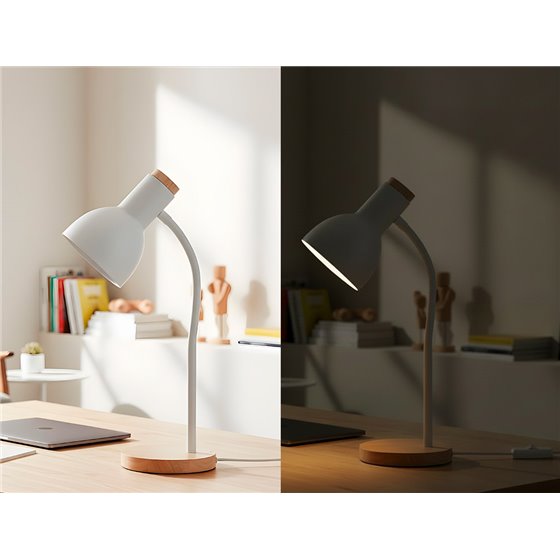 Lampara de escritorio q-connect orion metalica con detalles de madera brazo flexible color blanco