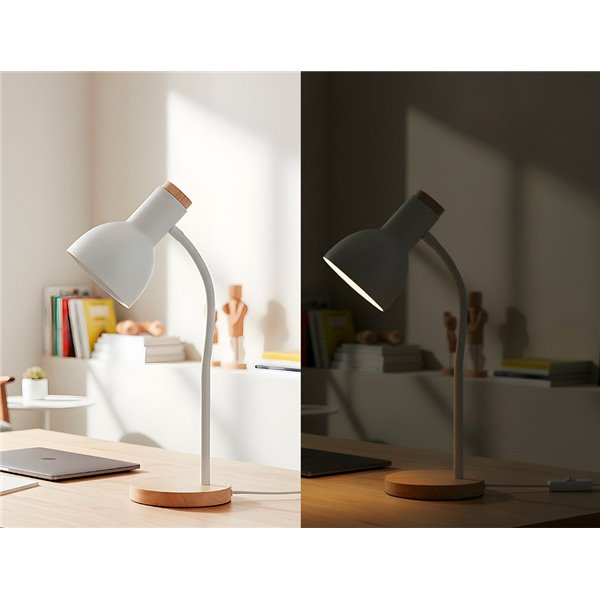 Lampara de escritorio q-connect orion metalica con detalles de madera brazo flexible color blanco