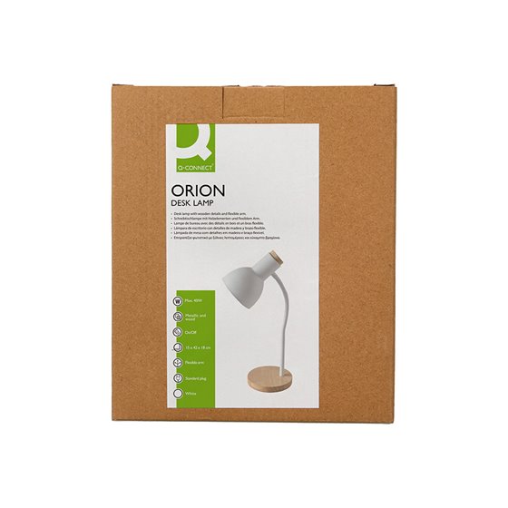 Lampara de escritorio q-connect orion metalica con detalles de madera brazo flexible color blanco