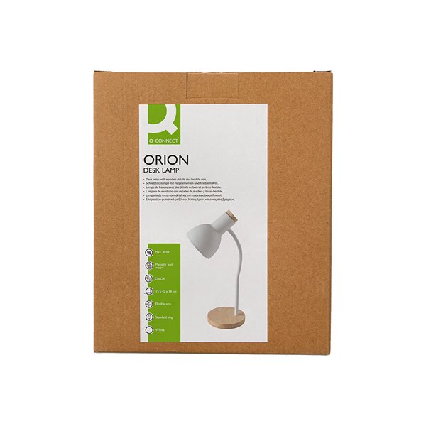 Lampara de escritorio q-connect orion metalica con detalles de madera brazo flexible color blanco