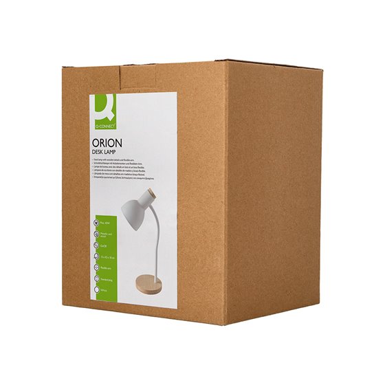 Lampara de escritorio q-connect orion metalica con detalles de madera brazo flexible color blanco