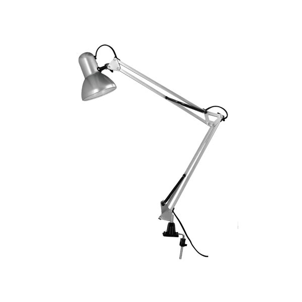 Lampara de escritorio q-connect antares metalica conpinza interruptor brazo doble 3 articulaciones color plata