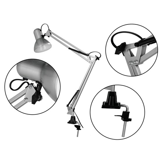 Lampara de escritorio q-connect antares metalica conpinza interruptor brazo doble 3 articulaciones color plata
