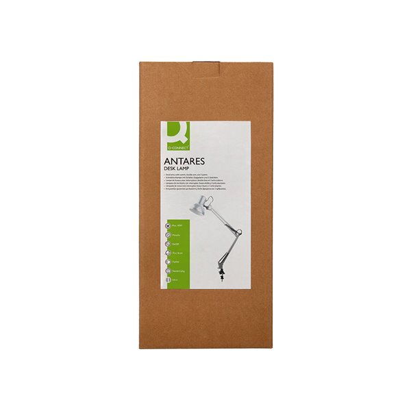 Lampara de escritorio q-connect antares metalica conpinza interruptor brazo doble 3 articulaciones color plata