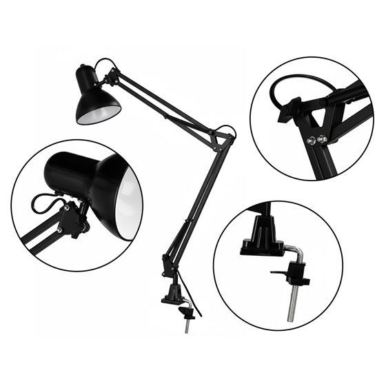 Lampara de escritorio q-connect antares metalica conpinza interruptor brazo doble 3 articulaciones color negro