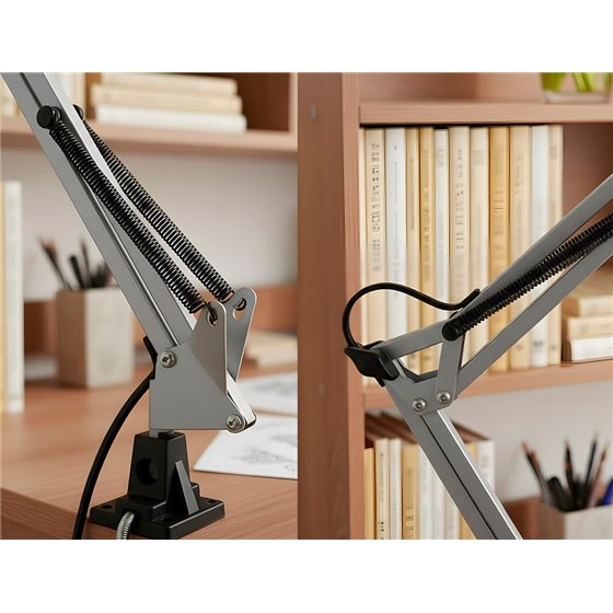 Lampara de escritorio q-connect antares metalica conpinza interruptor brazo doble 3 articulaciones color negro