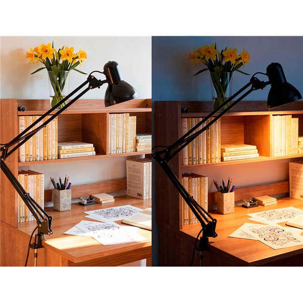 Lampara de escritorio q-connect antares metalica conpinza interruptor brazo doble 3 articulaciones color negro