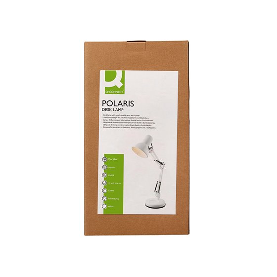Lampara de escritorio q-connect polaris metalica coninterruptor brazo doble 3 articulaciones color blanco