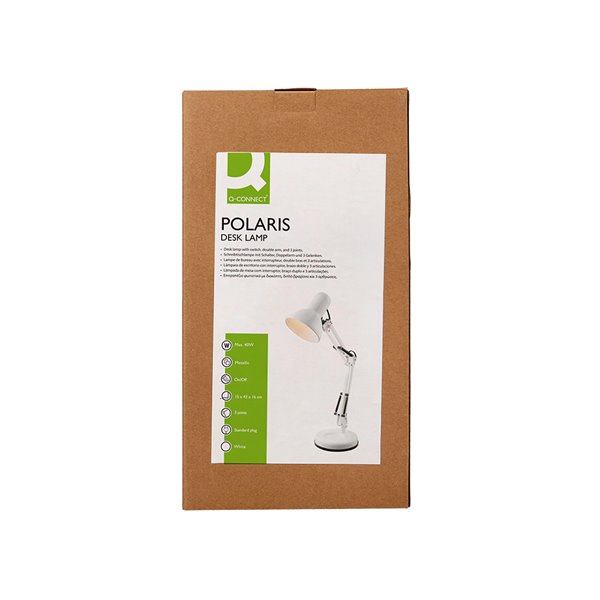 Lampara de escritorio q-connect polaris metalica coninterruptor brazo doble 3 articulaciones color blanco