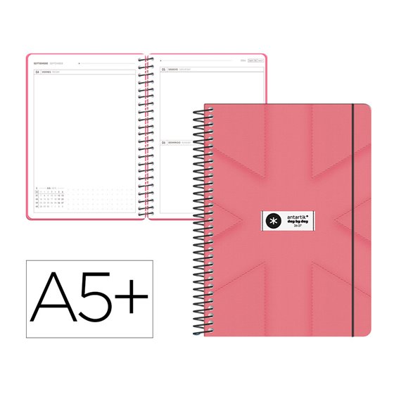 Agenda escolar antartik 26-27 espiral pack and go dia pagina 5+ bilingüe 80g papel fsc rosa coral