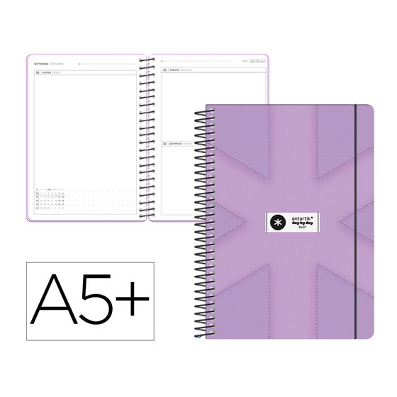 Agenda escolar antartik 26-27 espiral pack and go dia pagina 5+ bilingüe 80g papel fsc morado