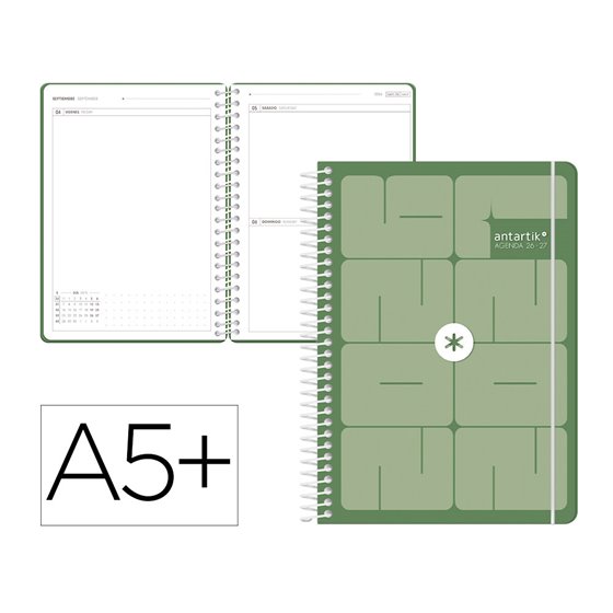 Agenda escolar antartik 26-27 espiral essentials dia pagina a5+ bilingue 80g papel fsc rosa