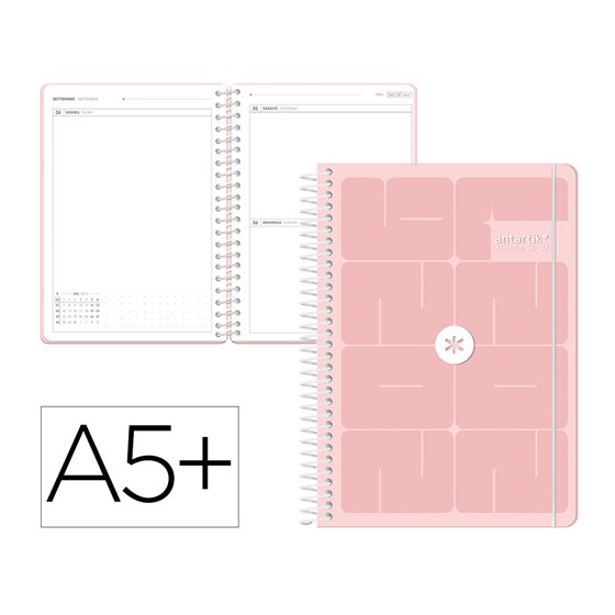 Agenda escolar antartik 26-27 espiral essentials dia pagina a5+ bilingue 80g papel fsc azul turquesa