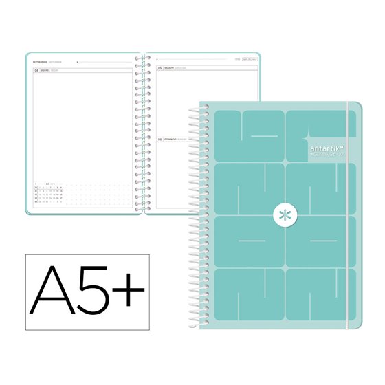 Agenda escolar antartik 26-27 espiral essentials dia pagina a5+ bilingue 80g papel fsc azul oscuro