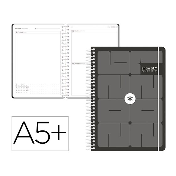 Agenda escolar antartik 26-27 espiral essentials dia pagina a5+ bilingue 80g papel fsc negro