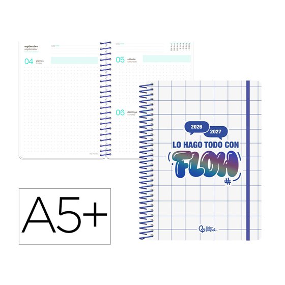 Agenda escolar liderpapel 26-27 espiral graphic dia pagina a5+ bilingue 80g papel fsc flow