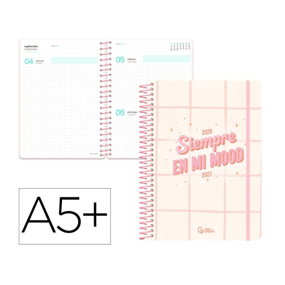 Agenda escolar liderpapel 26-27 espiral graphic dia pagina a5+ bilingue 80g papel fsc rosa
