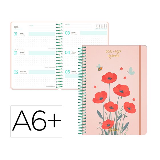 Agenda escolar liderpapel 26-27 espiral flowers semana vista a6+ bilingue 80g papel fsc rojo