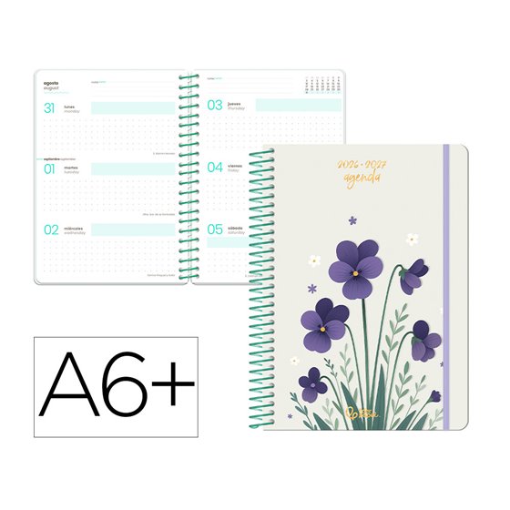 Agenda escolar liderpapel 26-27 espiral flowers semana vista a6+ bilingue 80g papel fsc blanco