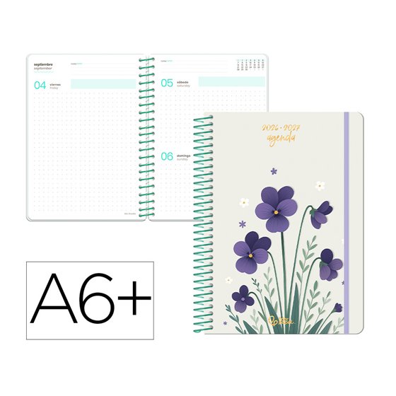 Agenda escolar liderpapel 26-27 espiral flowers dia pagina a6+ bilingue 80g papel fsc blanco