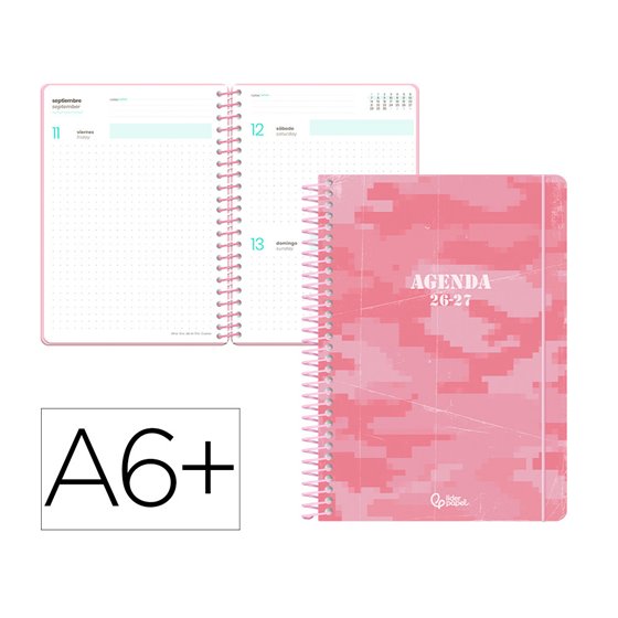 Agenda escolar liderpapel 26-27 espiral military dia pagina a6+ bilingue 80g papel fsc rosa