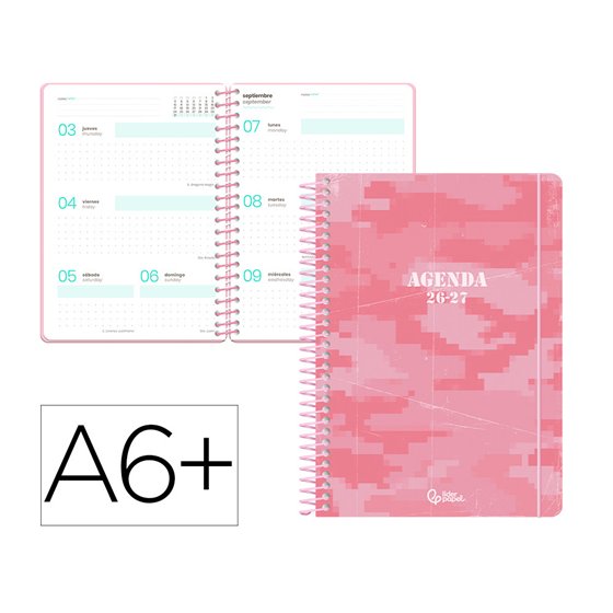 Agenda escolar liderpapel 26-27 espiral military semana vista a6+ bilingue 80g papel fsc rosa