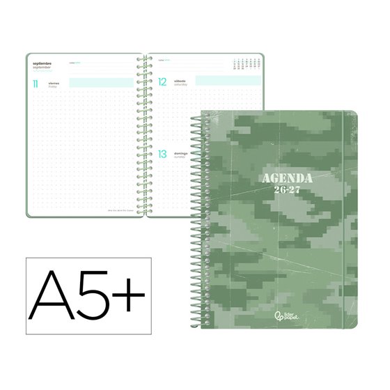 Agenda escolar liderpapel 26-27 espiral military dia pagina a5+ bilingue 80g papel fsc verde