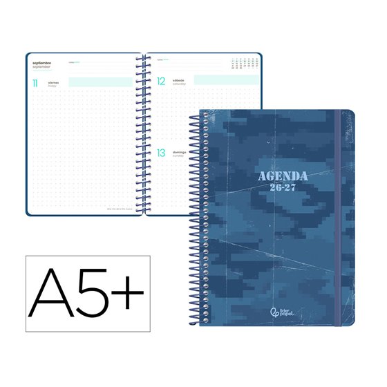 Agenda escolar liderpapel 26-27 espiral military dia pagina a5+ bilingue 80g papel fsc azul marino