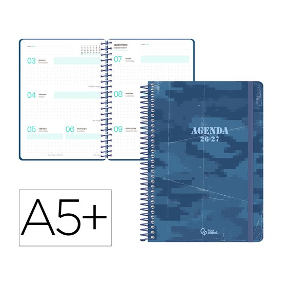 Agenda escolar liderpapel 26-27 espiral military semana vista a5+ bilingue 80g papel fsc azul marino