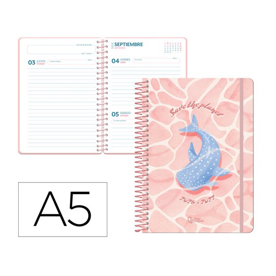 Agenda escolar liderpapel 26-27 espiral save planet dia pagina a5 bilingue 80g papel fsc rosa