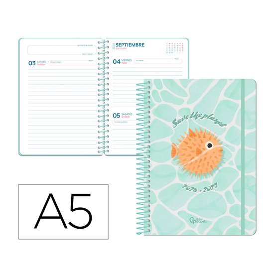 Agenda escolar liderpapel 26-27 espiral save planet dia pagina a5 bilingue 80g papel fsc azul