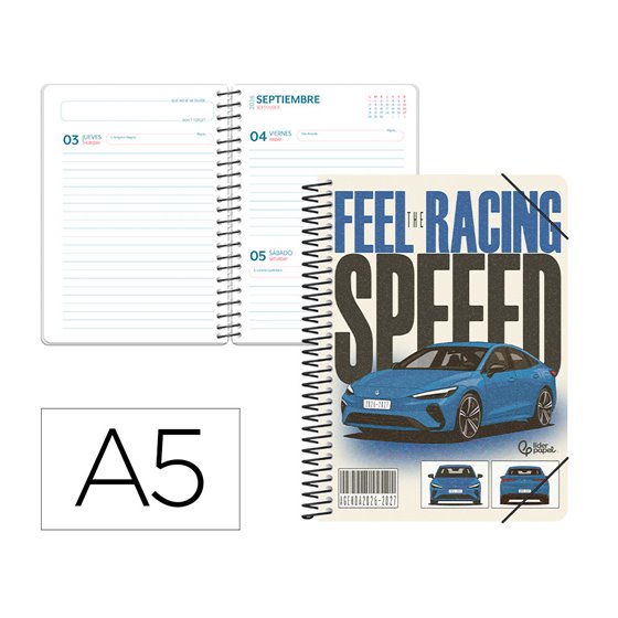 Agenda escolar liderpapel 26-27 espiral cars dia pagina a5 bilingue 80g papel fsc coche azul
