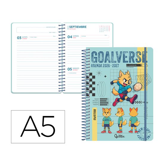Agenda escolar liderpapel 26-27 espiral sports dia pagina a5 bilingue 80g papel fsc azul perro