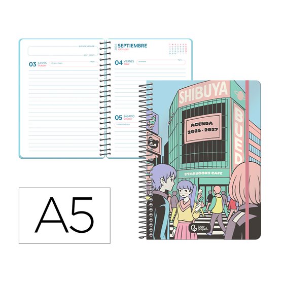 Agenda escolar liderpapel 26-27 espiral city celeste diapagina a5 bilingue 80g papel fsc rosa