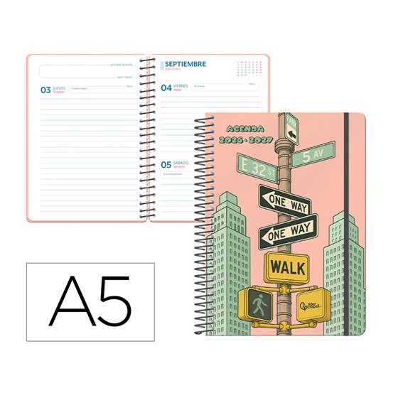 Agenda escolar liderpapel 26-27 espiral city rosa dia pagina a5 bilingue 80g papel fsc amarillo