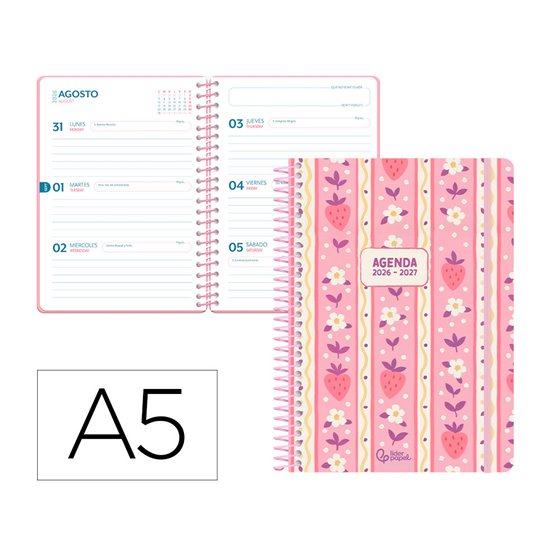 Agenda escolar liderpapel 26-27 espiral cottage semana vista a5 bilingue 80g papel fsc rosa fresas