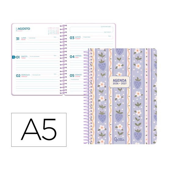 Agenda escolar liderpapel 26-27 espiral cottage semana vista a5 bilingue 80g papel fsc azul fresas
