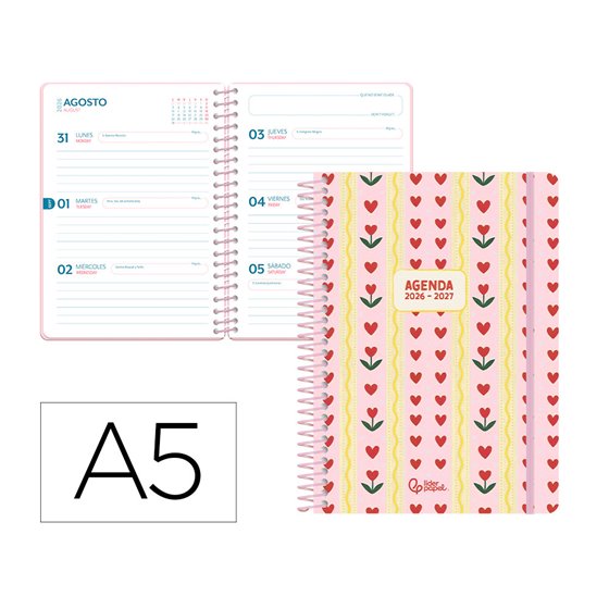 Agenda escolar liderpapel 26-27 espiral cottage semana vista a5 bilingue 80g papel fsc rosa corazones