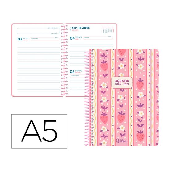 Agenda escolar liderpapel 26-27 espiral cottage a dia pagina a5 bilingue 80g papel fsc rosa fresas